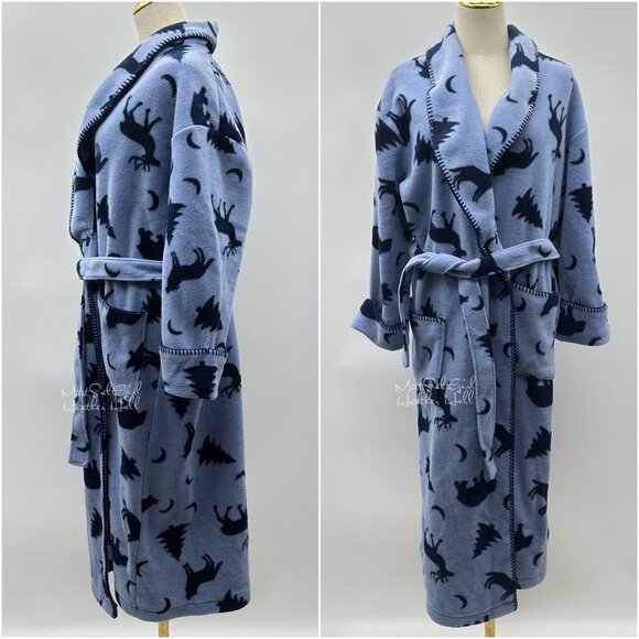 Amanda Stewart Country Blue Forest Animals Fleece Robe with Belt - Picture 1 of 9